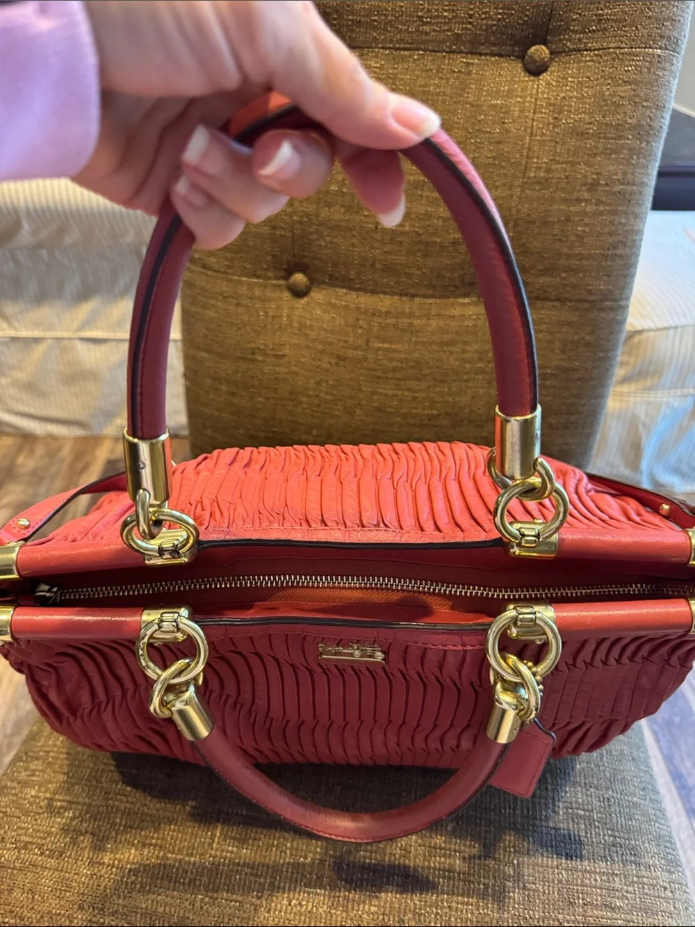 Coach Madison Carrie pleated coral satchel crossbody bag purse 21281 w/ hangtag